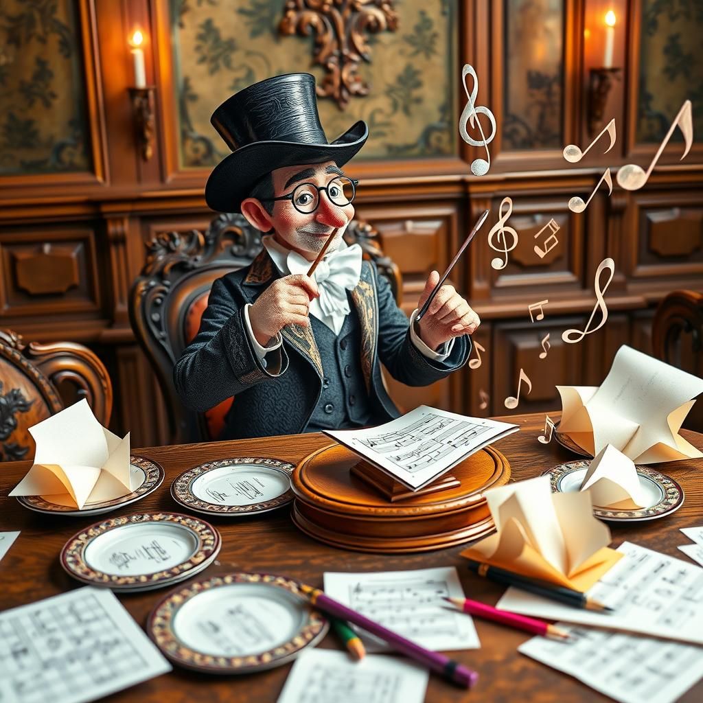 Whimsical Conductor Amidst Origami in Comic Art Style