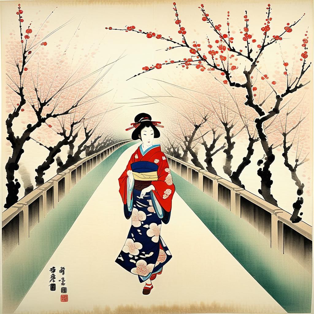 Plum Blossoms Path: Watercolor and Ink Painting