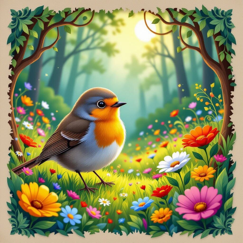 , a small robin bird Bella is A playful touch of a flower in side ear.The background is a whimsical, forest with swirlin...