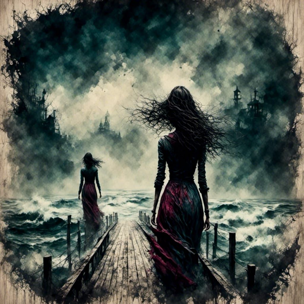 Stormy Sea Silhouette on Pier, Van Gogh-Inspired