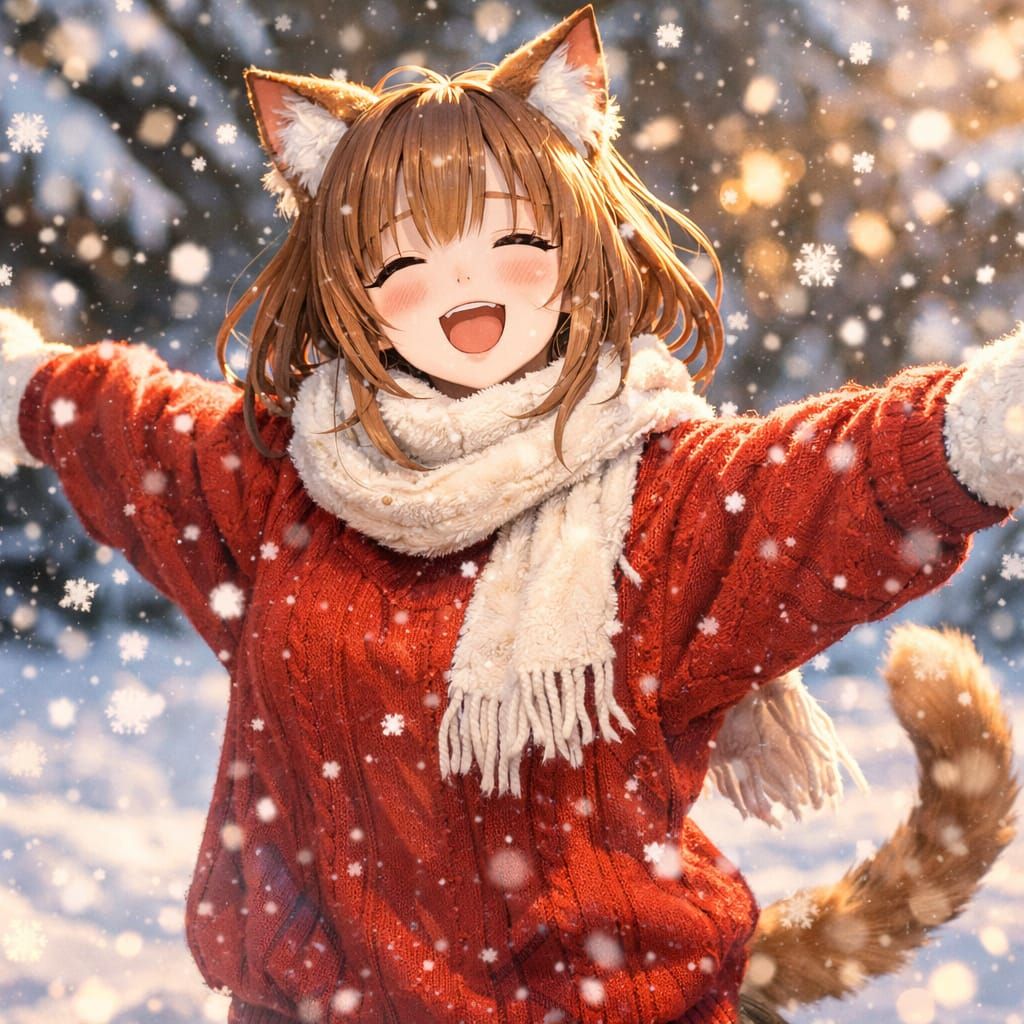 Happy Neko Woman Embracing Snowy Winter Day in Anime Style