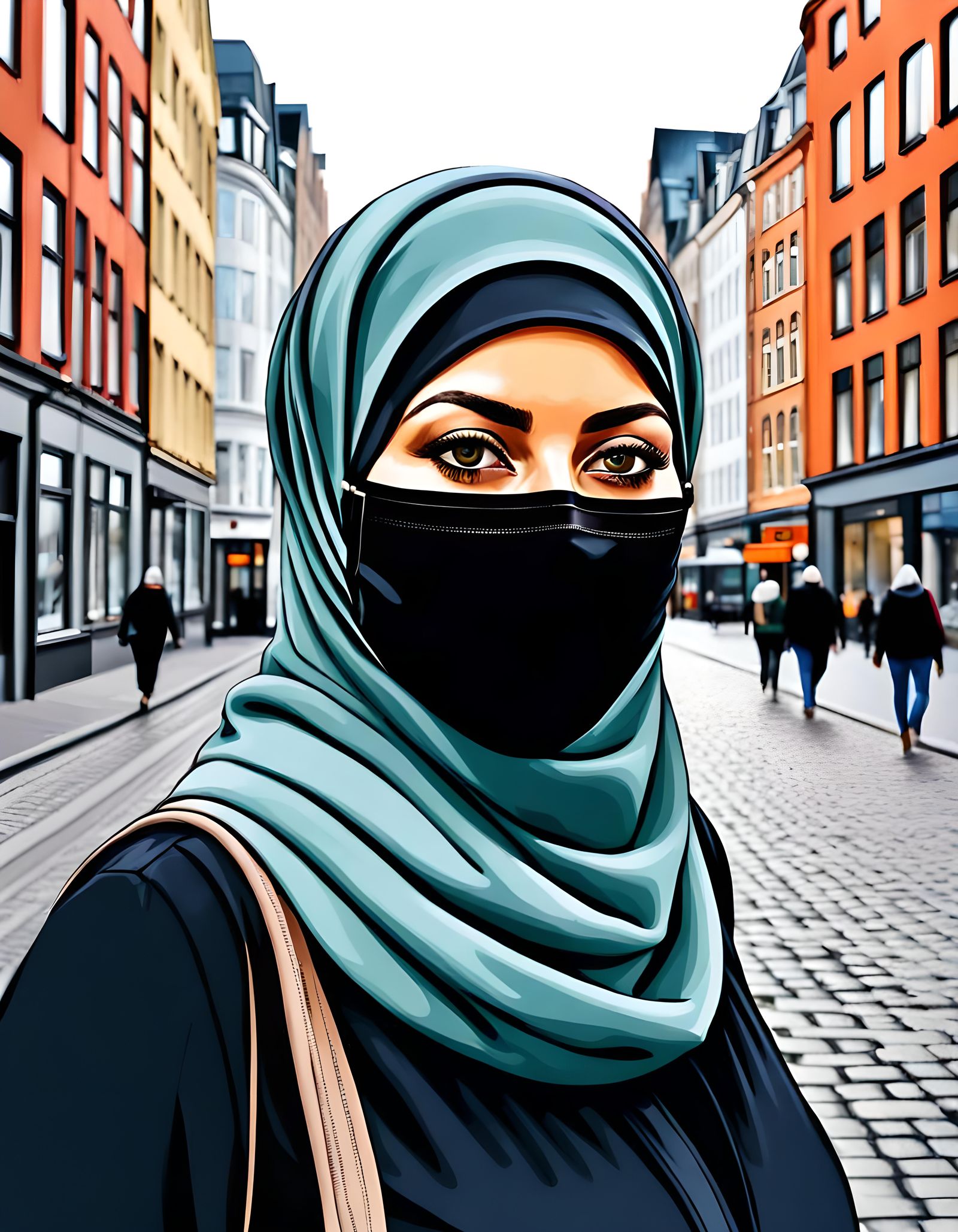 Woman in Hijab Walking in Hamburg City Painting