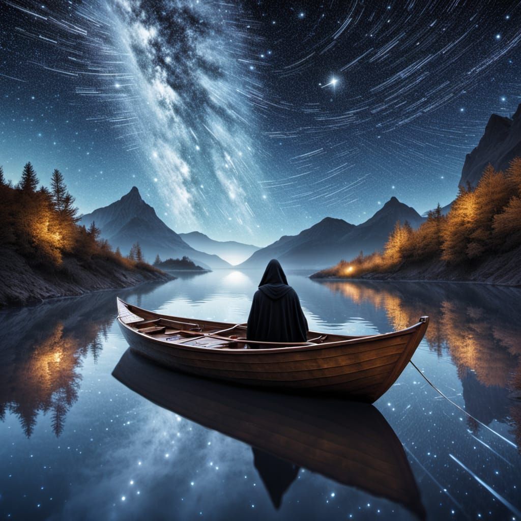 Celestial Ferryman Guiding Souls Across Starry River