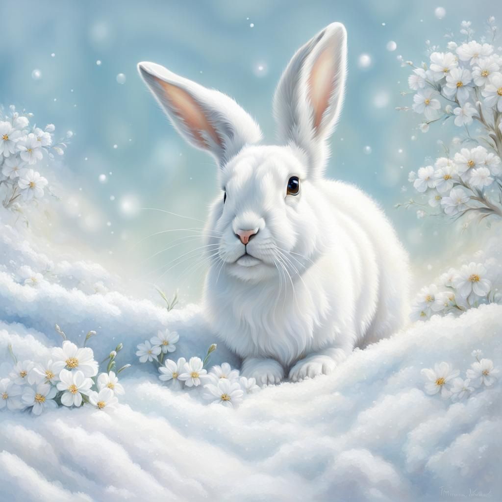 Ethereal White Rabbit in Winter Wonderland: Surrealist Paint...