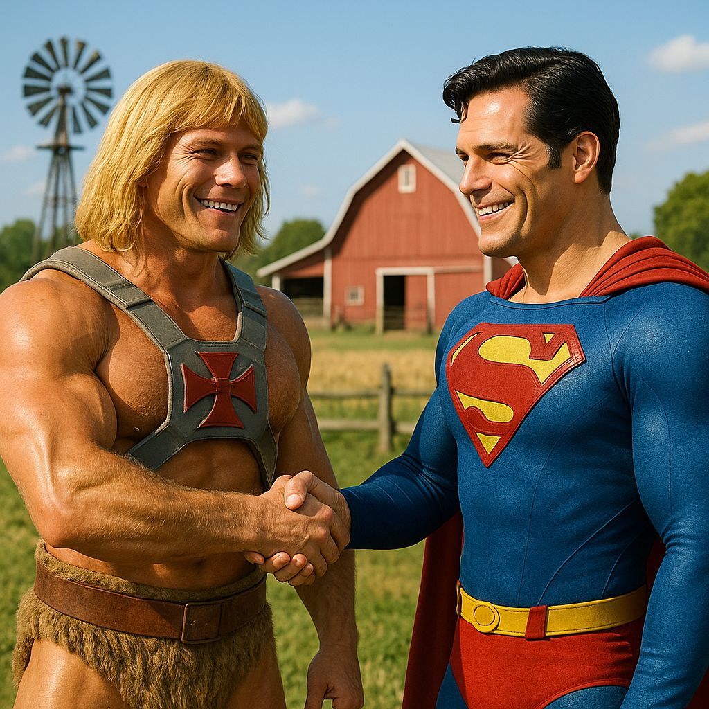 He-Man and Superman Shake Hands on Farm