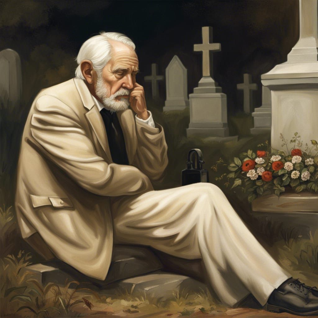 Sorrowful Portrait: Elderly Man at Wife's Grave