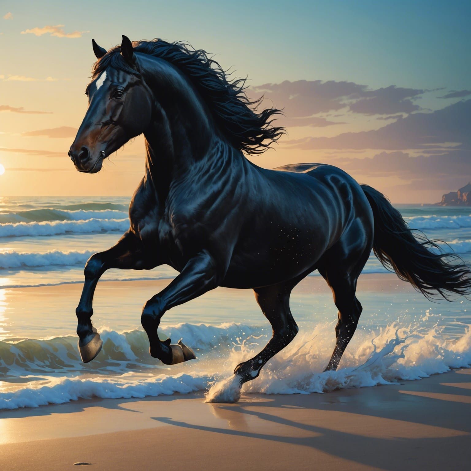 Black Stallion Galloping on Beach in Neo-Impressionism