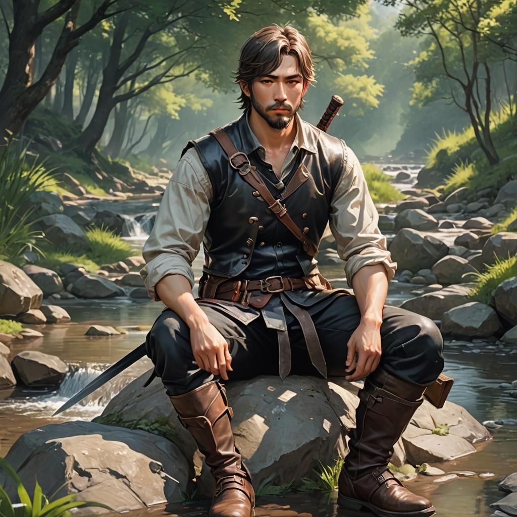 Resting Warrior Polishing Sword, 3D Anime Art