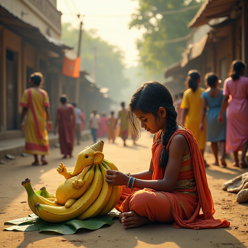 Girl Sculpts Ganesha from Bananas on Indian Street