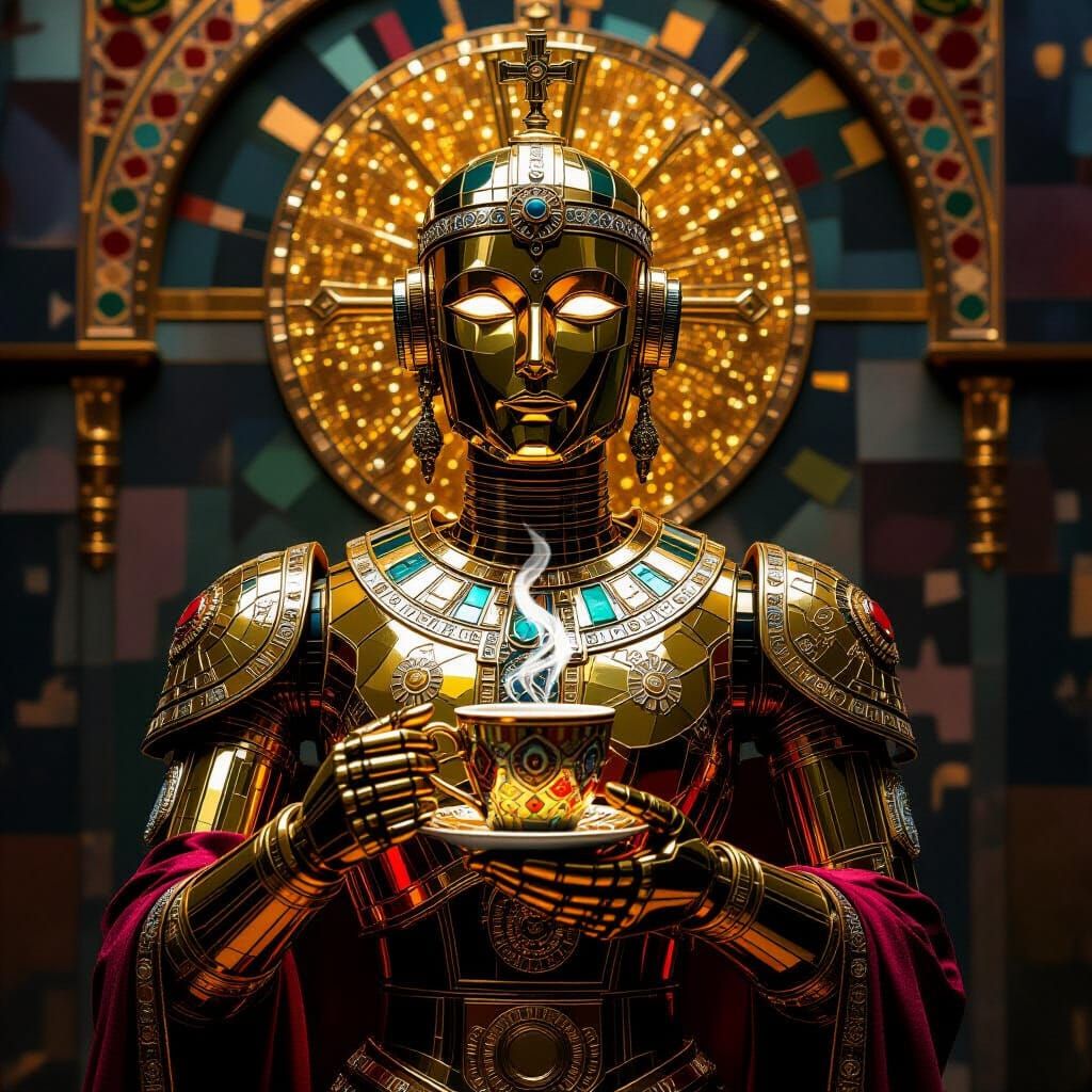 Sacred Robot Holds Holy Coffee Chalice in Mosaic Style