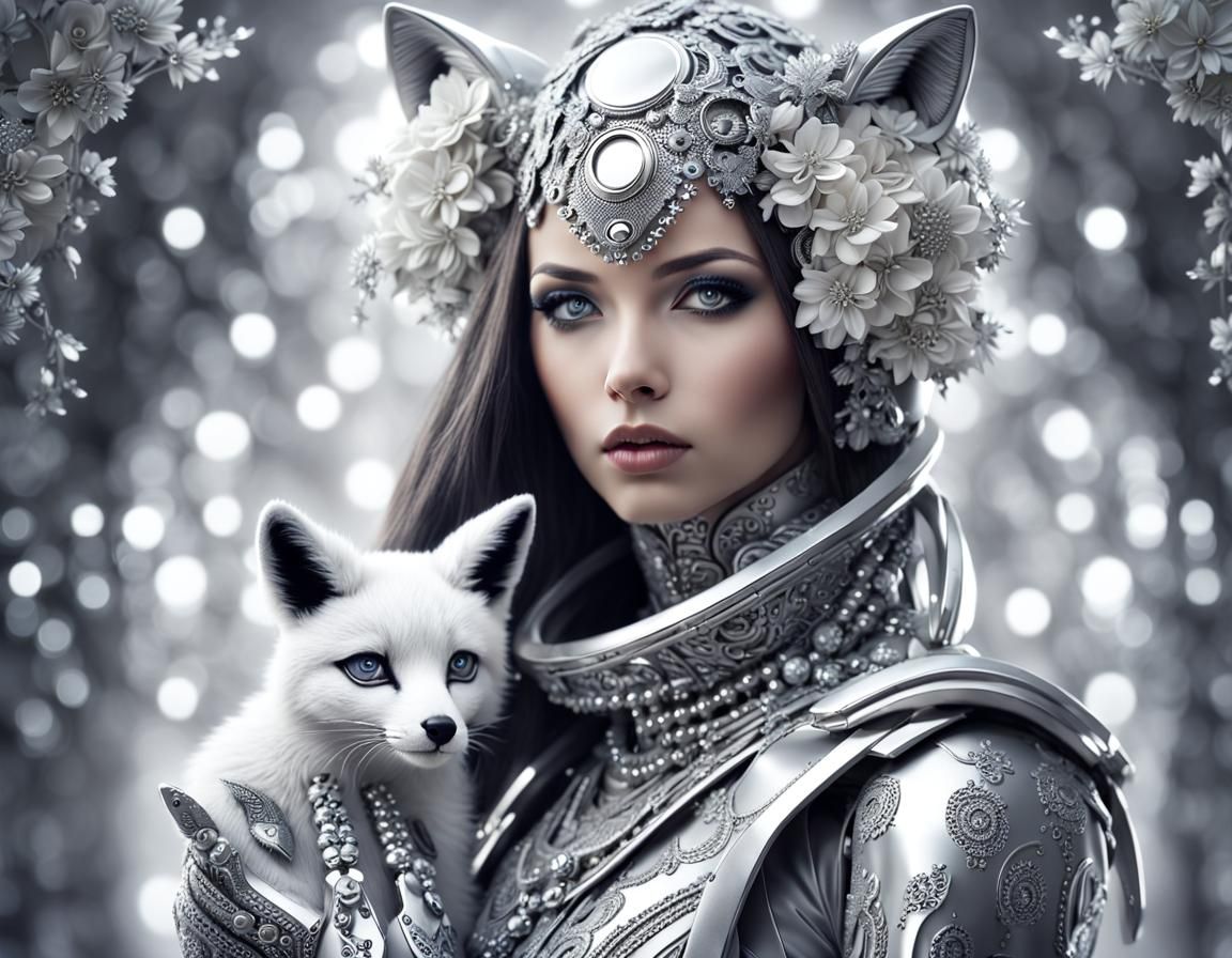 Monochromatic Cyborg Woman with Robotic Fox
