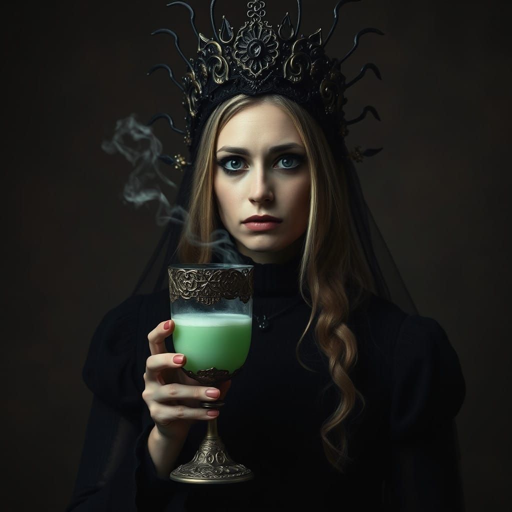 Gothic Woman Holds Steaming Goblet