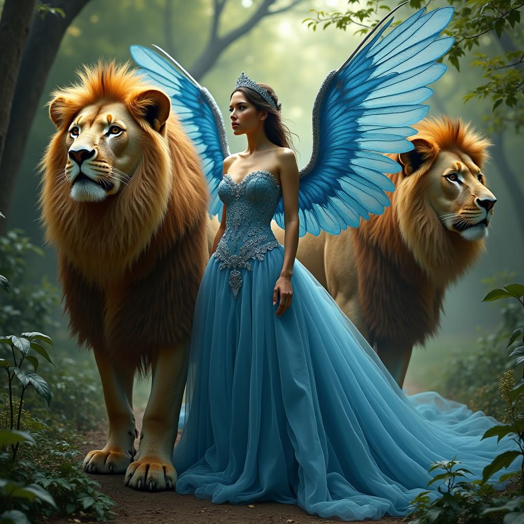 Woman with Lions and Blue Wings, Fantasy Art