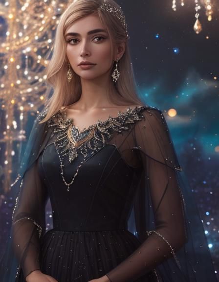 Woman in Glass Dress with Night Sky Background