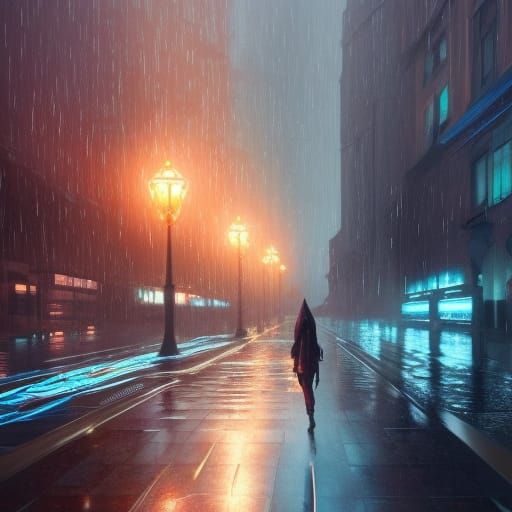 Rainy City Street in Hyperdetailed Digital Art