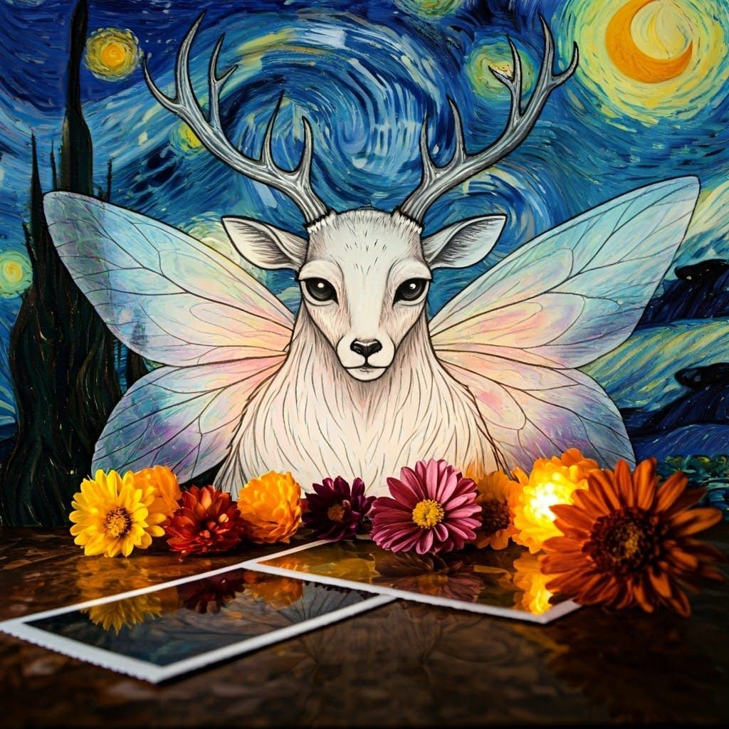 Crayon-Drawn Fairy God in Dreamlike Autumn Scene