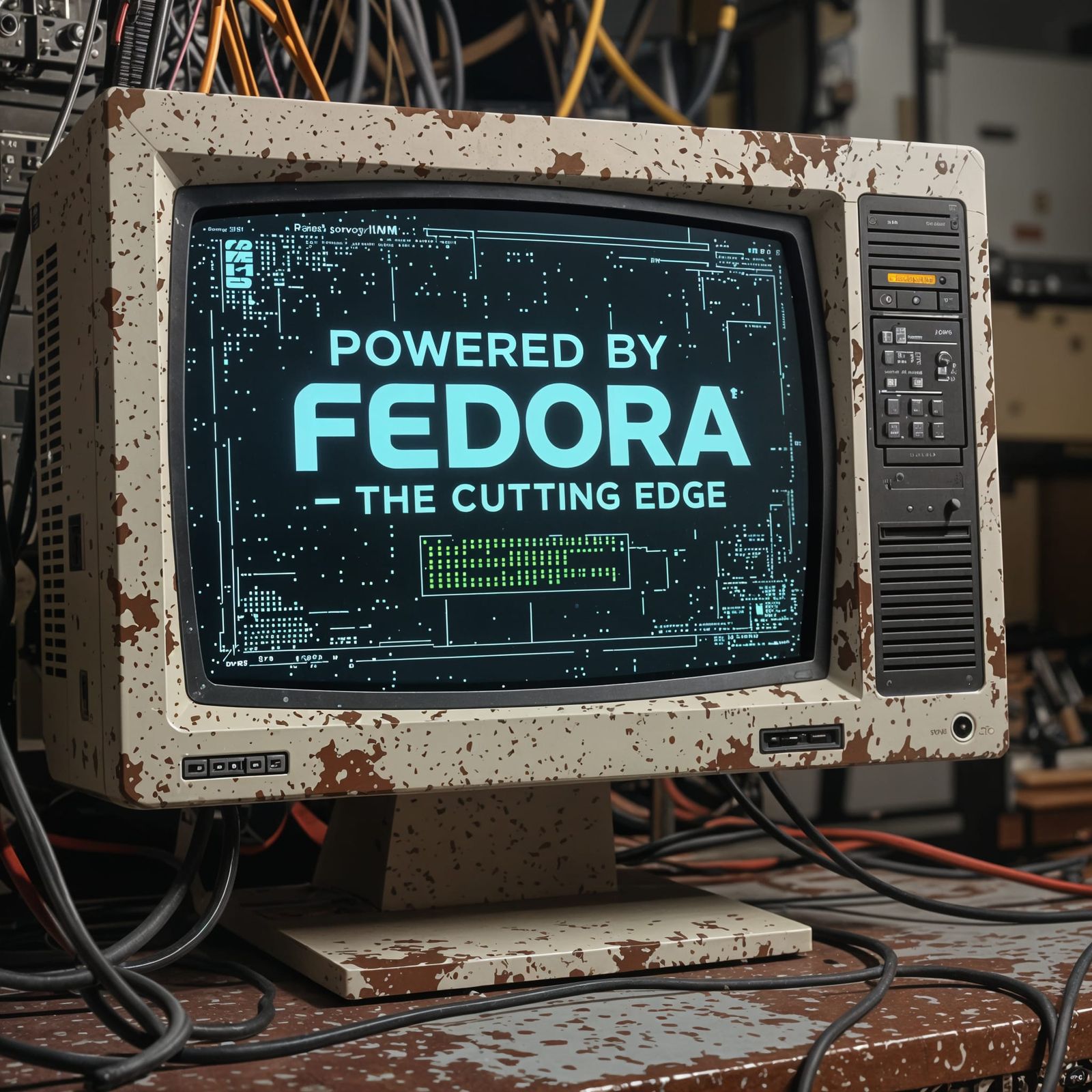 Vintage Monitor Displaying Fedora OS in Industrial Style