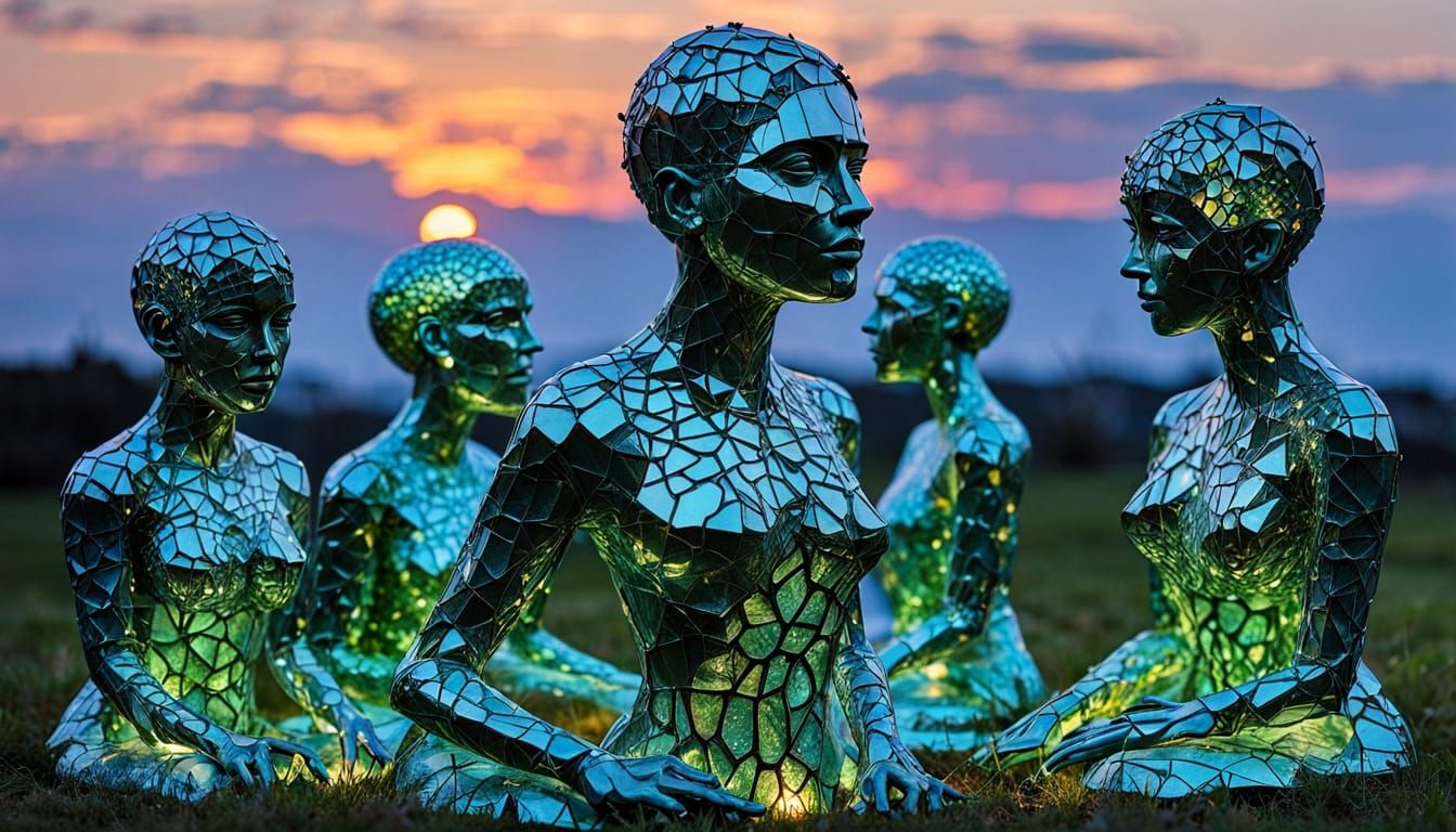 Surreal Sculpture of Women with Glowing Creatures and Flaws