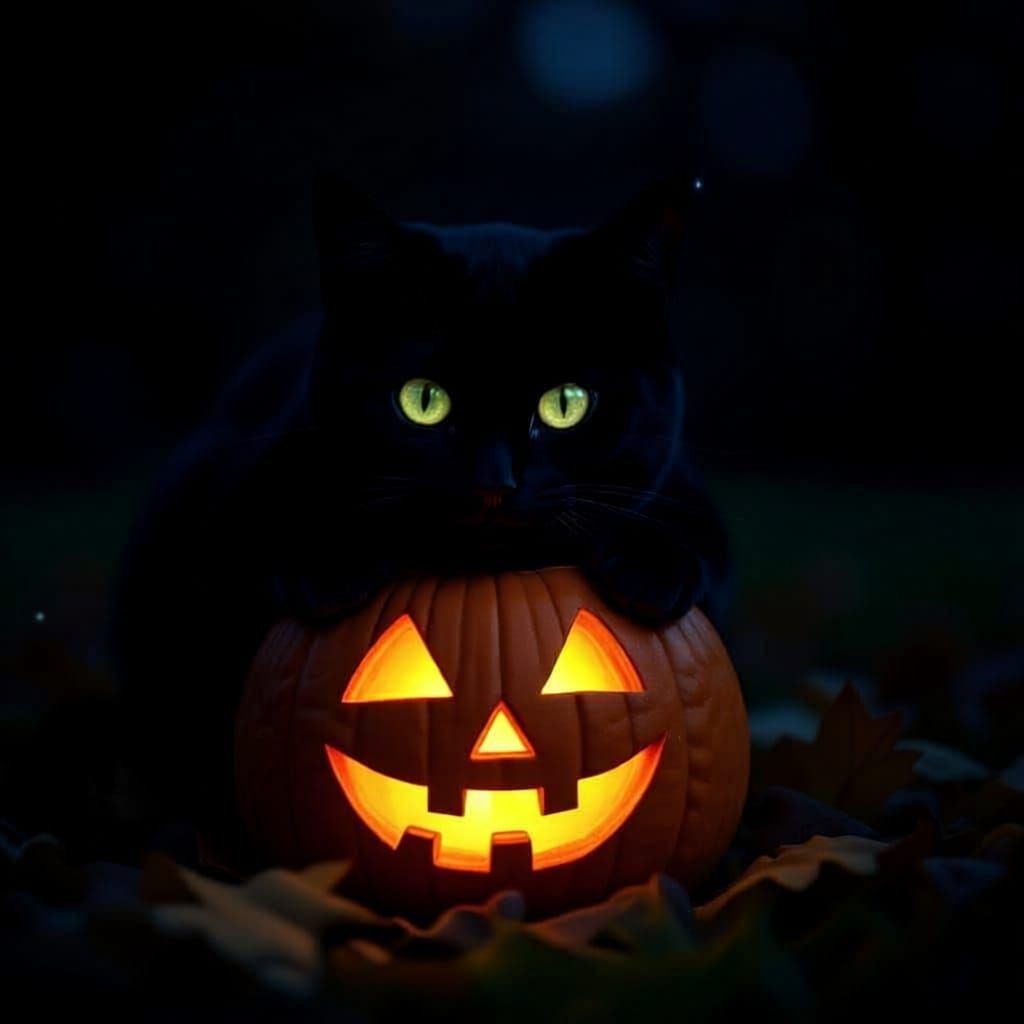 Black Cat with Orange Eyes on Halloween Pumpkin