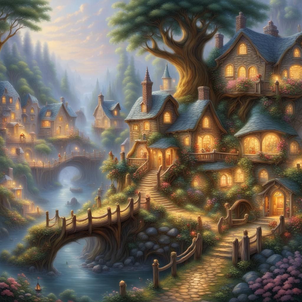 Tiny Fairytale Town in Log, Ethereal Fantasy