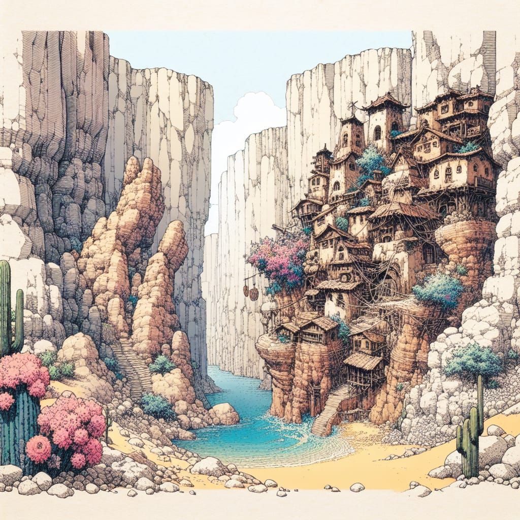 Fantasy Desert Village in Canyon, Anime Ink and Watercolor