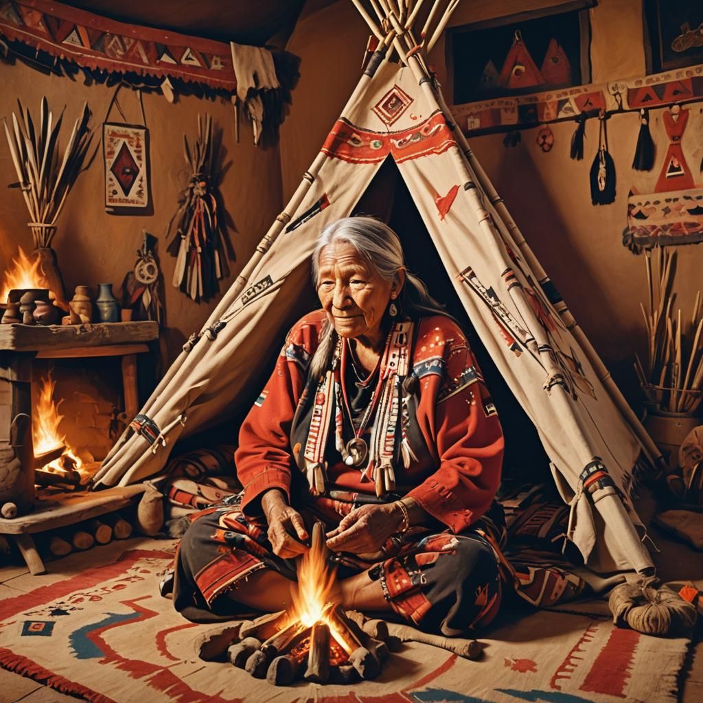 Native American Scene in Folk Art Style