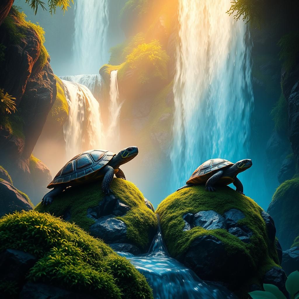 Turtles by Waterfall in a Fantasy Landscape