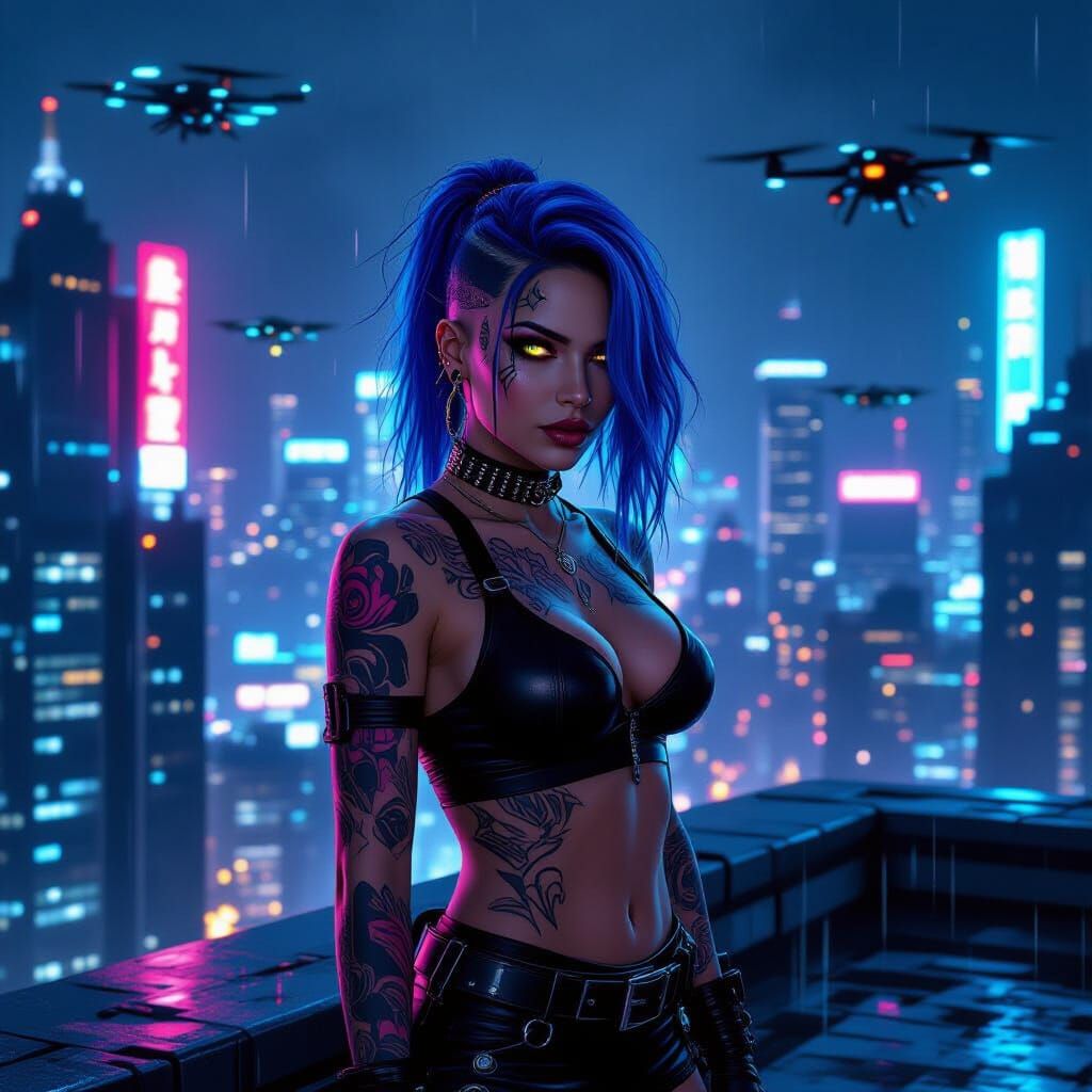 Cyberpunk Woman on Rooftop at Midnight