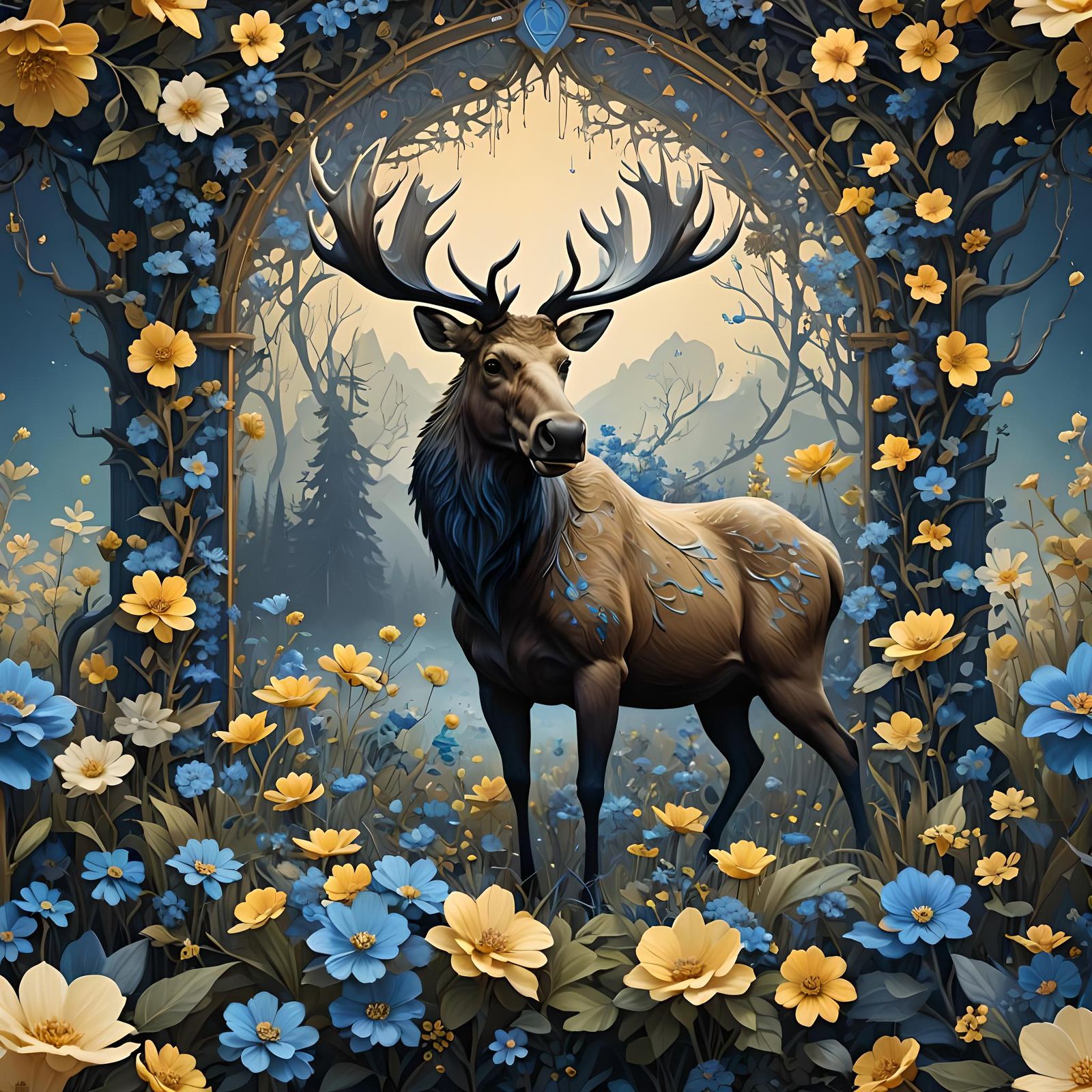 Floral Moose Against Abstract Color Block, Matte Painting