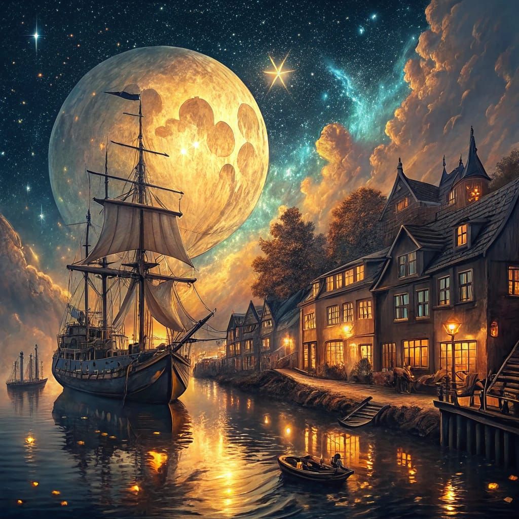 Glowing Fantasy Harbor Town at Night