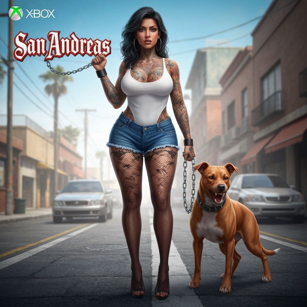 Latina with Pitbull in East LA: Hyperrealistic Game Cover