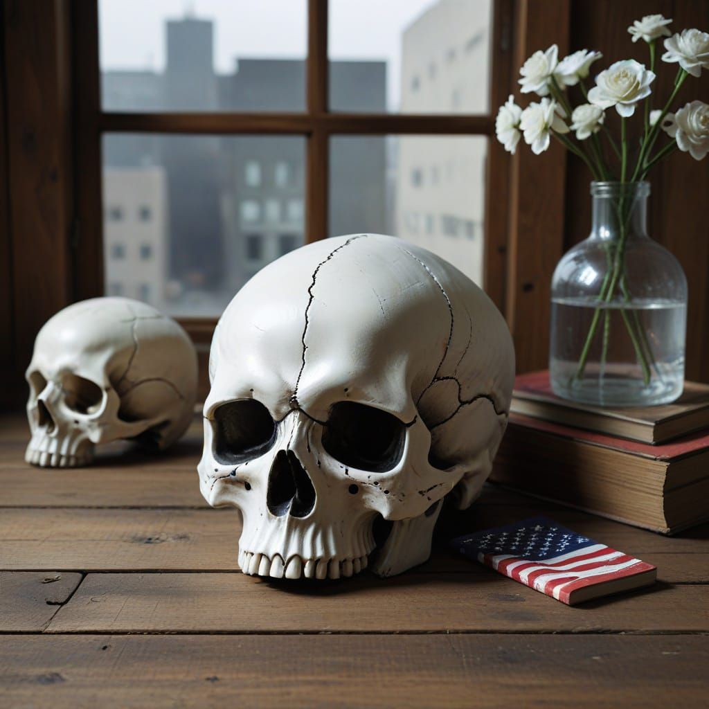 Modern American Still Life of a White Skull in Urban Fantasy...