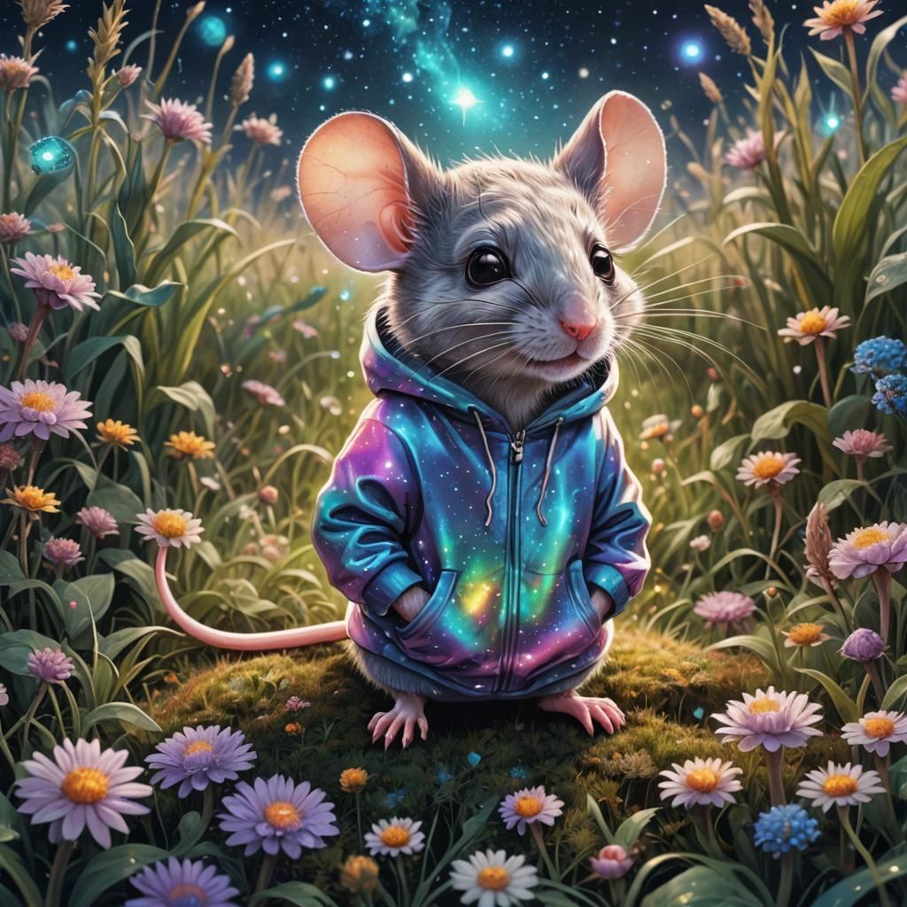 Mouse in Hoodie in Magical Field, Astral Illustration