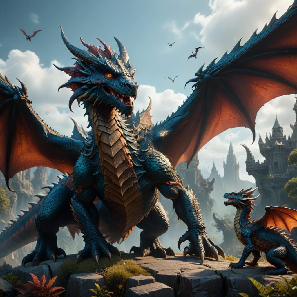 Gigantic Dragon Dominates Tiny Companion in Vibrant Fantasy....