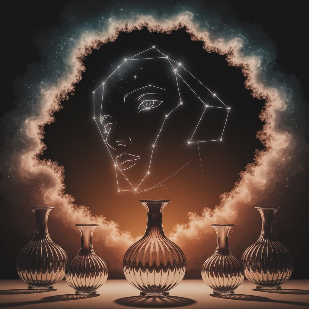 Celestial Face in Glass Vases, Ethereal Night Sky Scene