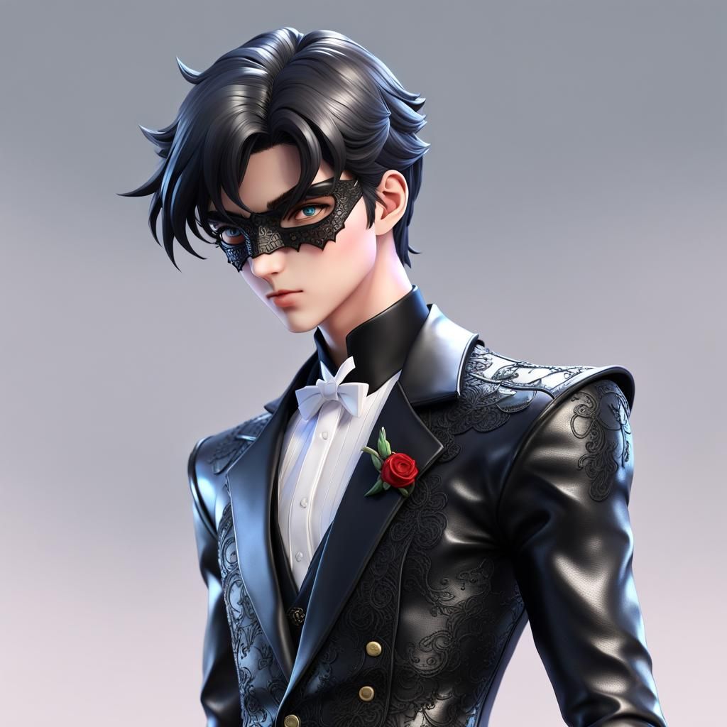 Tuxedo Mask in skin-tight black leather lace suit
