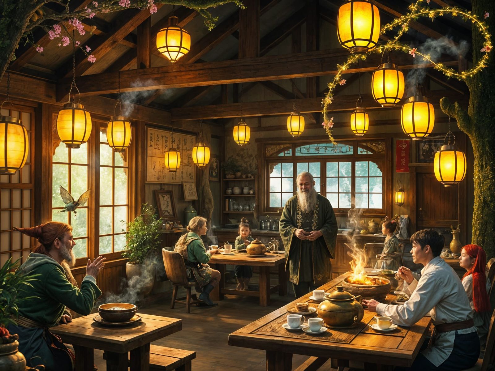 Enchanted Teahouse in Mythical Japan with Fairies and Gnomes