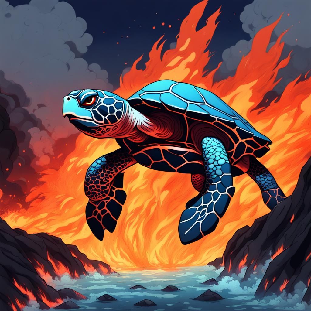 Anime Turtle Swimming in Lava