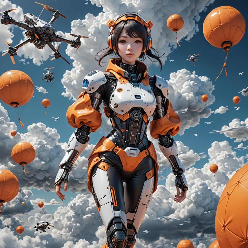 Futuristic Girl Floating in Clouds: 3D Anime Art