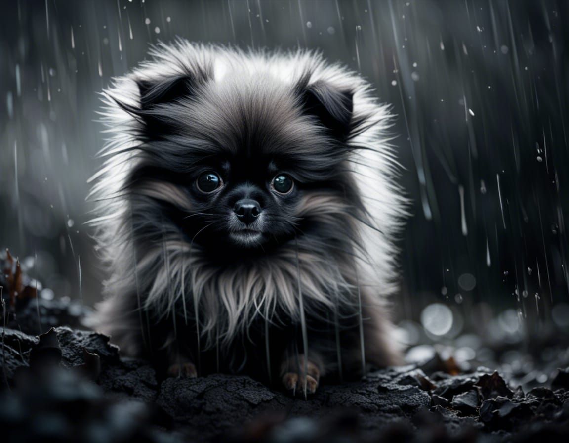 Hyperrealistic Pomeranian Dog in the Rain