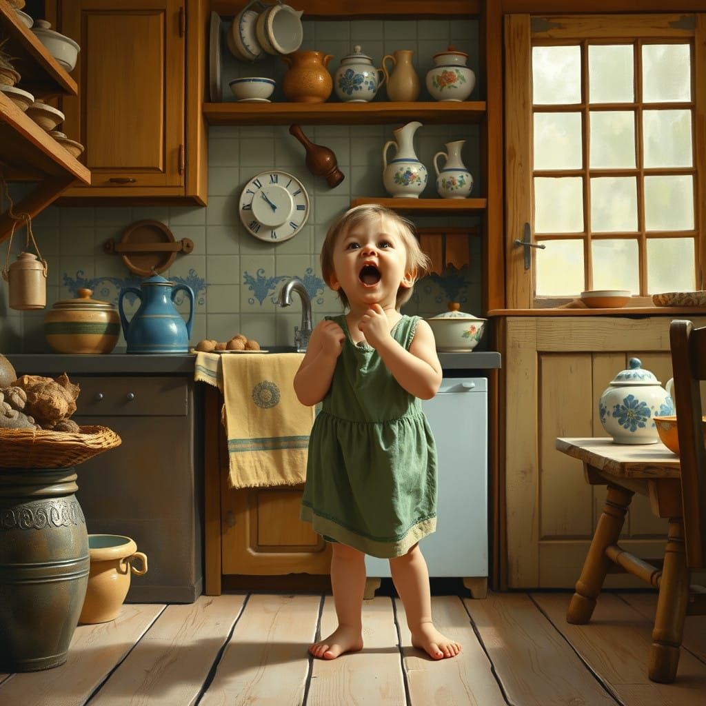 Child in Traditional Czech Kitchen Scene in Folk Art Style