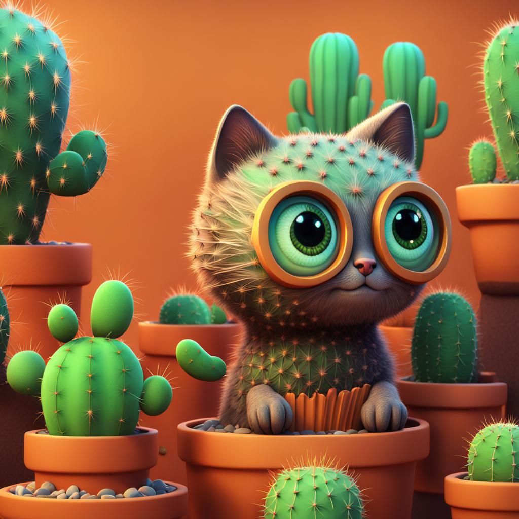 Big-Eyed Cat Cactus: Pixar-Style 3D Art