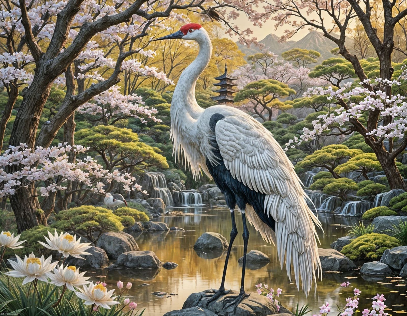 Detailed Japanese Crane in Landscape, Japanese Style
