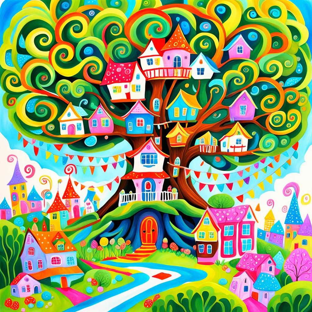 Ficus Tree Houses: A Gouache Candyland Wonderland