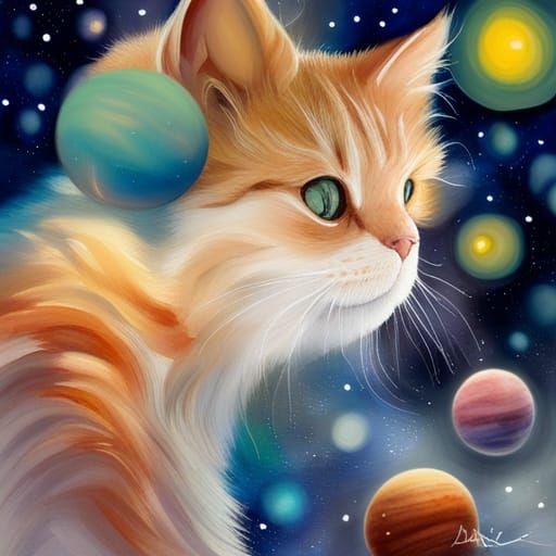 Watercolor Cat Among the Stars in Space Art Style