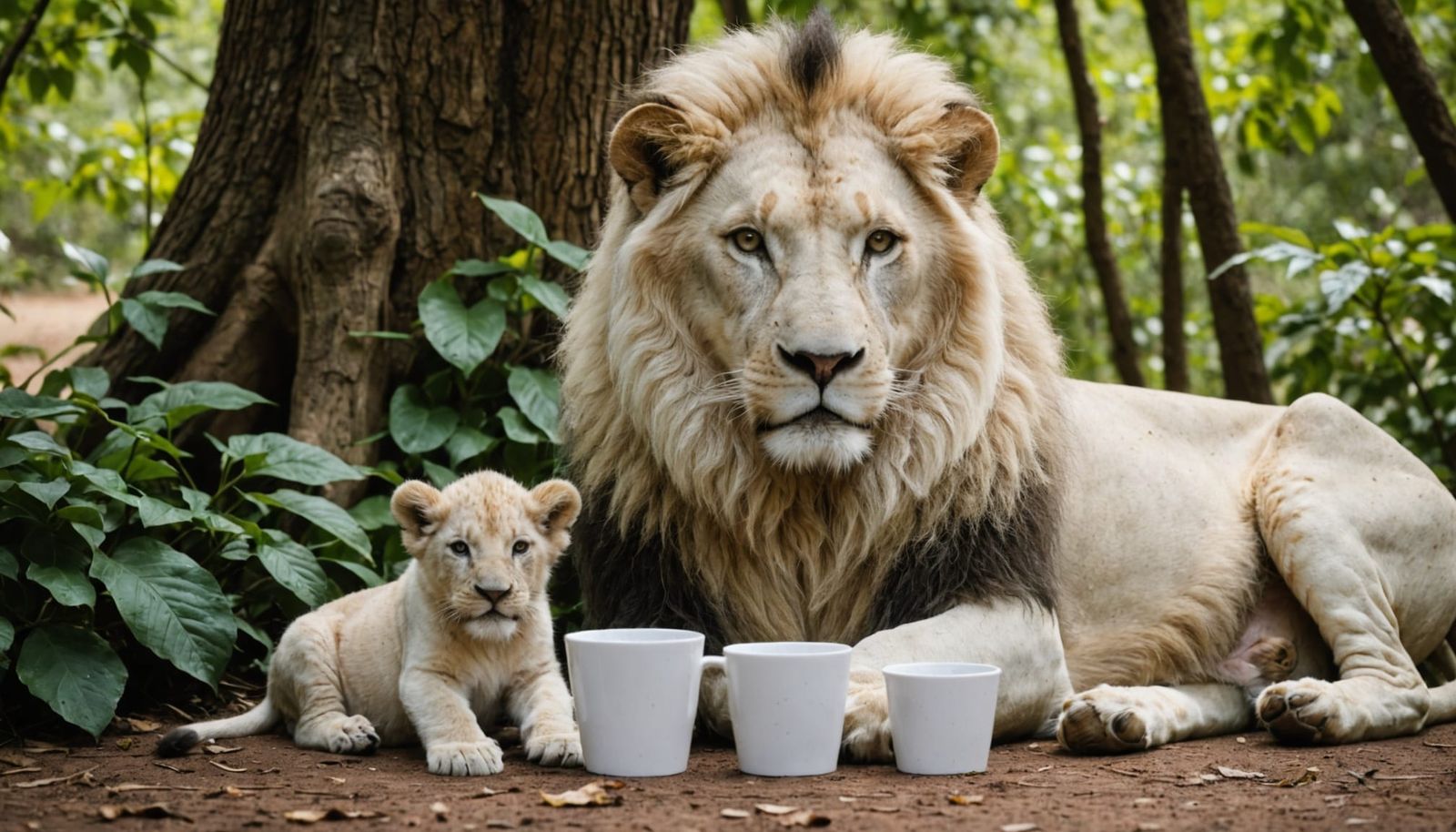 White Lion Nurtures Cubs in Shaded Forest Glade