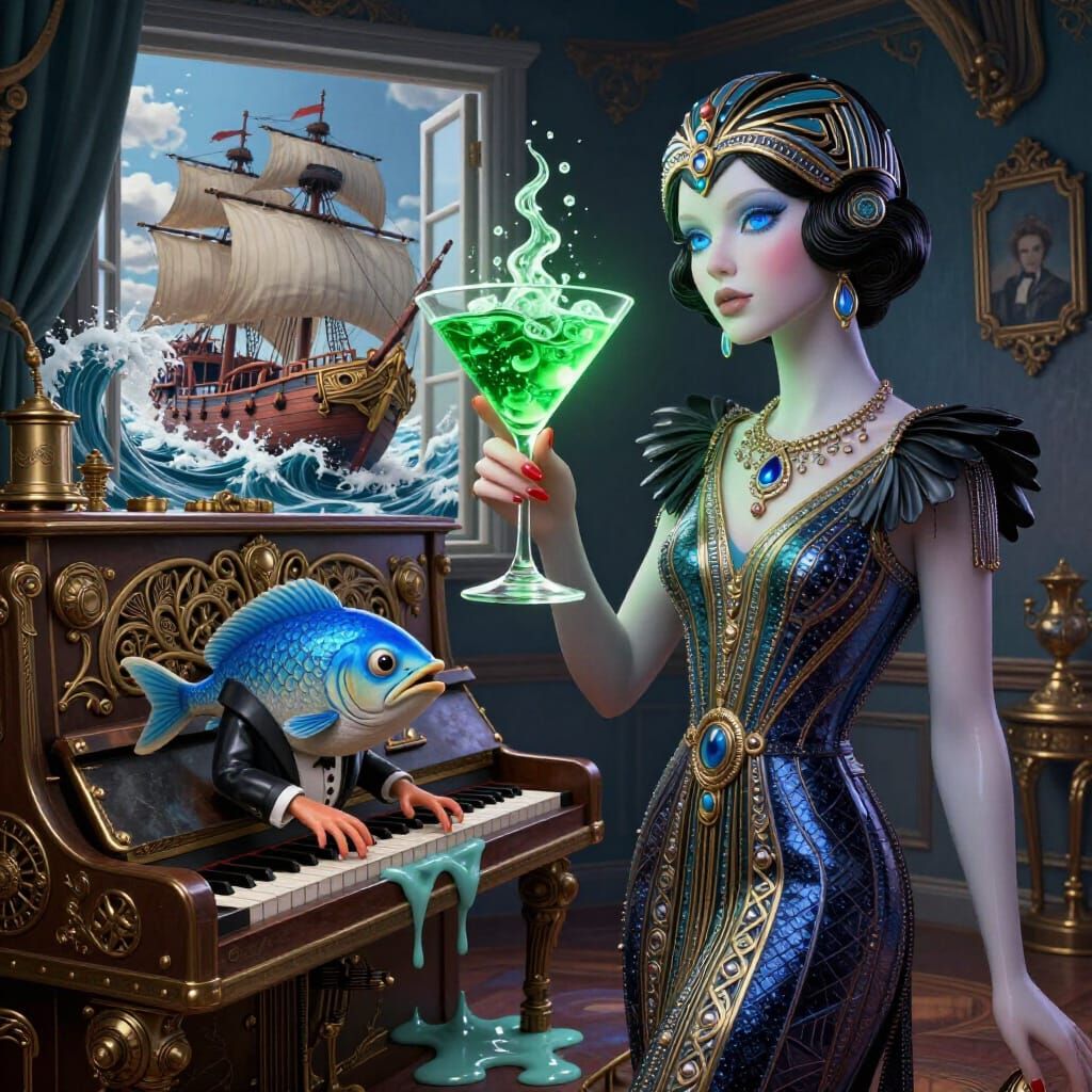 Surreal Albino Woman with Melting Piano and Pirate Ship