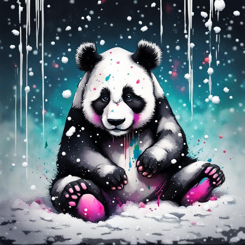Snow Panda with Falling Snowflakes in Graffiti Style