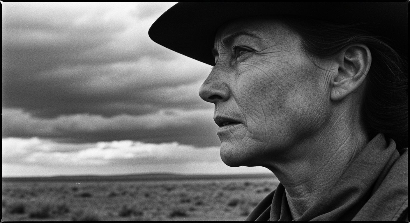 Weathered Woman on Windswept Prairie in Film Style