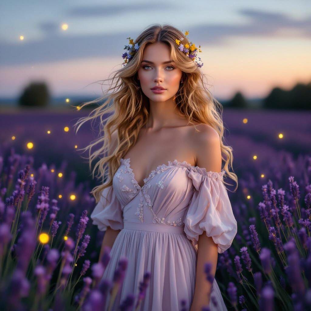 Woman in Lavender Field at Twilight, Renaissance Style